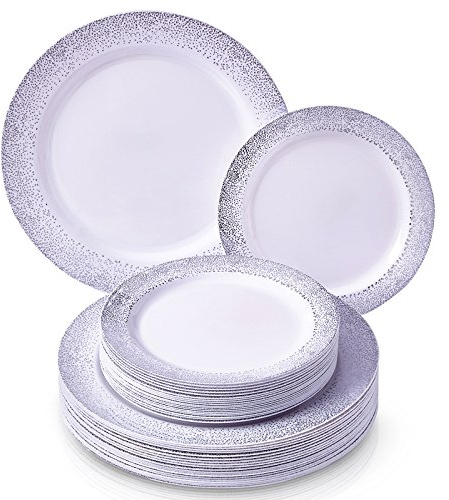 SILVER SPOONS ELEGANT DISPOSABLE 240 PC DINNERWARE SET | 120 Dinner Plates | 120 Side Plates | Elegant Fine China Look | for Upscale Wedding and Dining (Ocean Mist Collection–Silver)