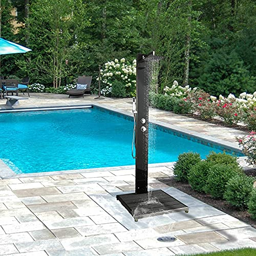 Gartendusche “Amrum” von ELBE aus Edelstahl 304 und gehärtetem Schwarzglas, mit Einhebelmischer, Überkopfdusche, Handbrause und WPC-Bodenplatte in Anthrazitgrau für Garten, Pool und Außenbereich