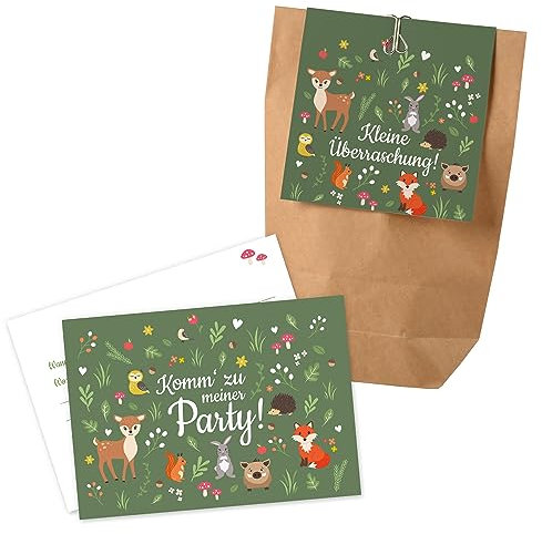 Ideenverlag HAMBURG 12x Waldtiere Einladungskarten + Partytüten - Set/Waldtiere Party Einladungskarten Kindergeburtstag - Einladungen Karten Kinder Geburtstag