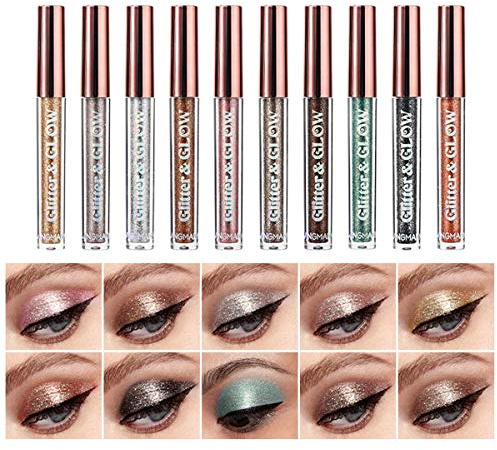 10-Farben-flüssiger Glitter-Lidschatten-Set, metallischer Schimmer-Lidschatten Smokey Wasserdichte lange anhaltende schnell trocknende Augen-Looks für Frauen Augen Make-up Geschenk-Kits (01)