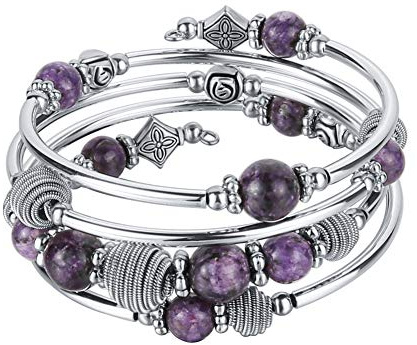 Bulinlin Silber Wickelarmband mit Naturstein Perlen Boho Mehrschichtiges Damen Armbänder Geburtstags Modegeschenk für Frauen
