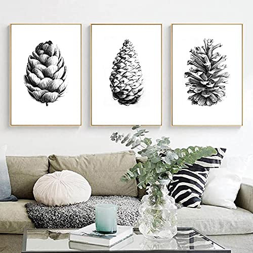 marca generica Leinwand Malerei Poster Schwarz-Weiß-Skizze Handgemalte Tannenzapfen Wandkunst Bild Wohnkultur Ungerahmt-50x70cmx3