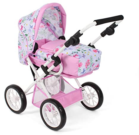 Bayer Chic 2000® 3in1 Kombi Puppenwagen Leni - Flowers Rosa - faltbar, höhenverstellbarer Griff 43-67 cm, Tragetasche – Puppen bis 46 cm, ab 3 J.