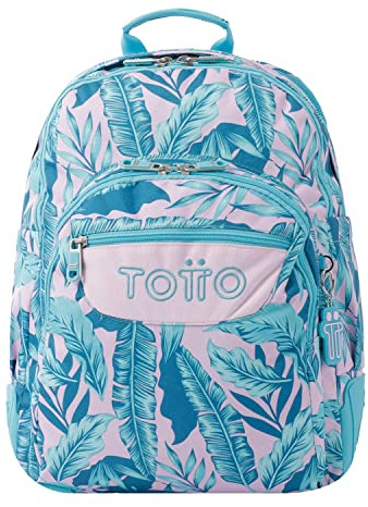 TOTTO - Mochila Escolar, Modelo Crayoles, Capacidad 20 L, Neceser Extraíble y Bolsa Calzado, Bolsillo para Botella, Espaldar Ergonómico con Flujo de Aire, Resistente, Estampado Plantas Tropicales