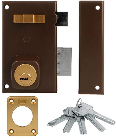Amig - Cerradura de Sobreponer de Derecha con Palanca de Cierre - Lengüeta y Tirador para Puertas de Madera - Mod. 75 67 x 112 mm - Cilindro Redondo de Seguridad - Acero - Marrón