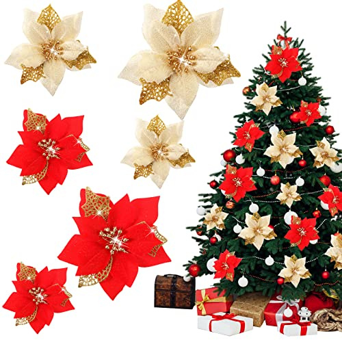 24 Fiori di Stella di Natale Glitterati di 3 Dimensioni Fiori Finti per Matrimonio Decorazione di Natale Rosso Oro Ornamenti per l'Albero di Natale (Foglia Oro Scavato con Glitter)