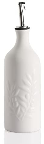 Sweejar Home Ceramic Olive Oil Dispenser Bottle, 570ml Relief Opaque Cruet Protects To Reduce Oxidation, Suitable For Storage Of, Vinegar, Soy Sauce, Coffee Syrup, Liquids, Pack 1 (White)
