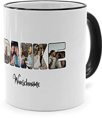 PhotoFancy® - Fototasse 'Danke' - Personalisierte Tasse mit eigenem Foto und Text selbst gestalten - Schwarz