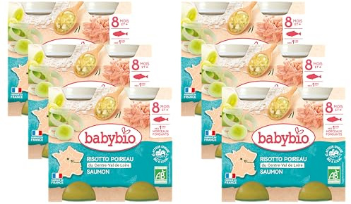 BABYBIO - Petits pots - Risotto Poireau Saumon avec morceaux - BIO - 8+ mois - 2x200g - Lot de 6