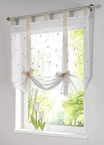 Funjxhey Vorhang Stickerei Blumen Transparent Gardine Voile Scheibengardine Raffgardinen Raffrollo Schlaufenschal Deko Wohnzimmer Schlafzimmer Studierzimmer (Beige,120 * 140CM)