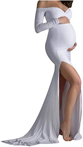 Robe de grossesse pour séance photo, robe de maternité, robe de maternité, longue robe de soirée, robe de soirée, col en V, robe de maternité avec fente pour femme enceinte, Blanc., S