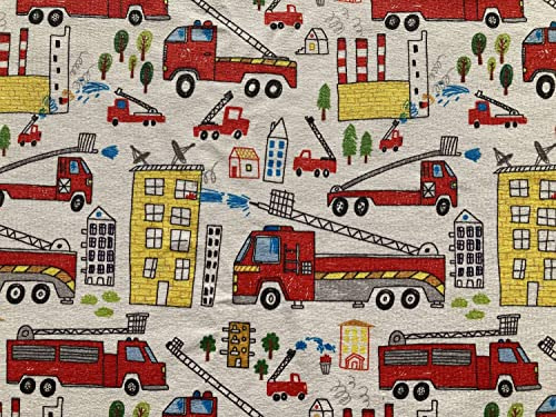 je 50cm Jersey Stoff Meterware Kinder Jungen Feuerwehr - Stoffe zum Nähen 95% aus Baumwolle - Löschfahrzeuge Drehleitern Tanklöschfahrzeuge Jerseystoff Baumwolljersey für Jungs