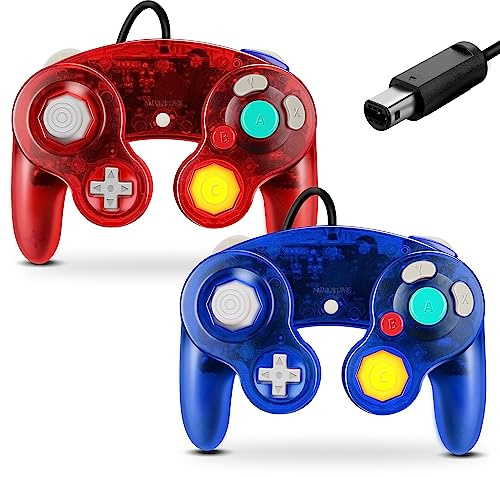 FIOTOK Gamecube Manette filaire classique pour Wii et Gamecube | Rouge transparent et bleu clair - Lot de 2