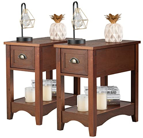 COSTWAY Mesitas de Noche, Mesa Auxiliar de Madera de Caucho, Mesa Lateral Retro, Mesillas de Noche Rectangular, Mesa Compacta con Cajón y Estante para Dormitorio (Marrón Rojizo, Juego de 2)