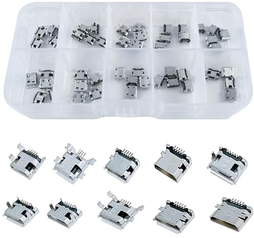Rierousy 50 Stück Micro USB Buchse Stecker, 5-Pin DIP 180 Grad 10 Modelle 5pcs von jedem Typ Verbinder Set für Telefon, Löten Reparatur USB Ersatz Adapter
