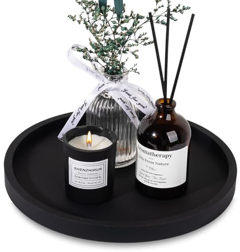 Silicone Bathroom Tray Round Vanity Tray Decorative Soap Holder Kitchen Countertop Organizer Coffee Table Decor for Candle, Perfume, Plant, 9 Inch, Black