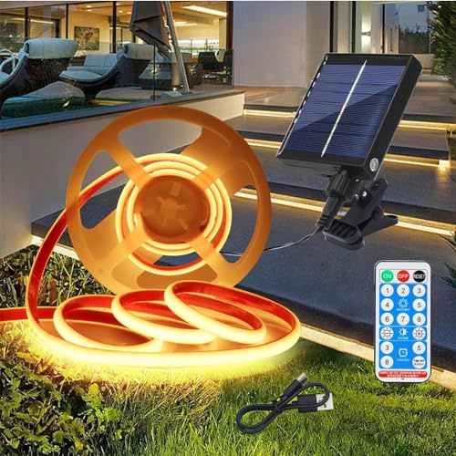 Wisada 12V Solar COB Neon Streifen Selbstklebend, 8 Modi Lichtband Außen IP68 Dimmbare Lichterkette, 1M 320LEDs/m Superheller Cuttable Warmweiß COB LED Band Mit Fernbedienung für Terrasse, Innenhof