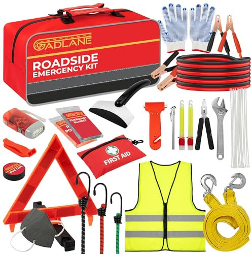 GADLANE Car Breakdown Emergency Kit - Extra Large Roadside Car Emergency Kit with Warning Triangle, Jump Leads, Tow Rope, First Aid Kit, Safety Hammer etc New Driver Car Kit with Storage Case