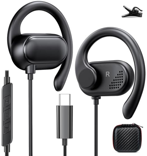 USB C Headphones with Microphone Wired Type C Over Ear Earbuds for iPhone 17 Pro 16 15 Plus for Galaxy S24 Ultra S26+ S22 S21 A35 Open Ear Headset Volume Control Rotatable Earhook Sport Earphone