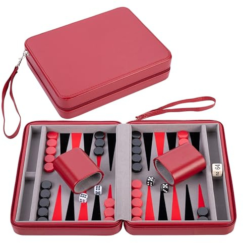 Engelhart - 250500 - Backgammon da Viaggio 9 in Custodia Rossa con Cerniera – Interno in Feltro Grigio/Nero/Rosso – Accessori Inclusi