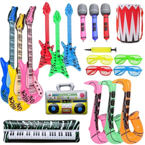 DIYASY 20 Pack Inflatable Musical Instruments Set, including Inflatable Guitar Saxophone Microphone Bass Radio Keyboard Drum and Glasses