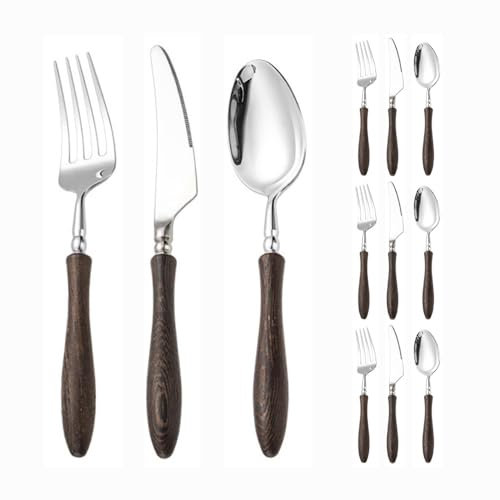 Massivholzgriff Küche Edelstahl Besteck Geschirr Besteck Set Steakmesser Gabel Löffel Teelöffel (12 Stück,A)