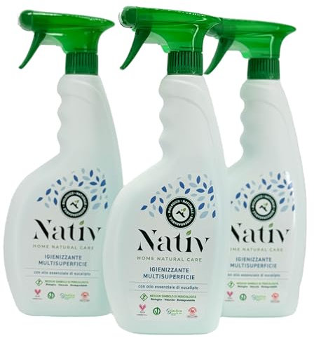 Nativ Igienizzante Multisuperficie 100% Naturale. 3 Flaconi da 750 ml. Igienizzante Liquido per la Casa con Olio di Eucalipto. Ideale per bagni, cucine e tutte le superfici domestiche.