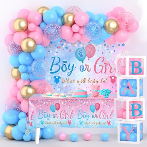 154 Pezzi Gender Reveal Party Decorazione - Baby Shower Decorazioni Include Kit Arco Palloncini Rosa e Azzurri, Scatola Trasparente, Gender Reveal Tovaglie Per Benvenuto Nascita Bambino, Baby Shower