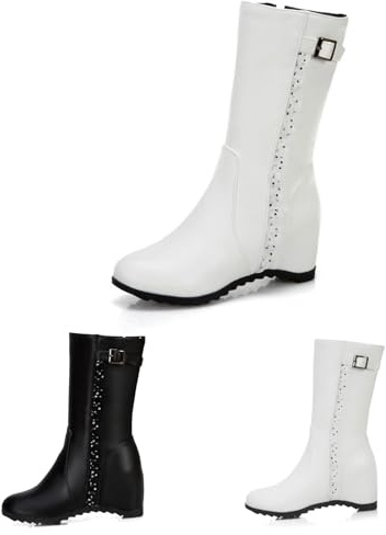 2024 Nuovi Stivaletti for L'autunno Inverno Booties Da Donna Con Fibbia Stivali Corti Con Zeppa Di 5 Cm Ankle Boots Con Punta Tonda In Pelle PU Scarpe Eleganti Alla Caviglia for Fest(White,36 EU)