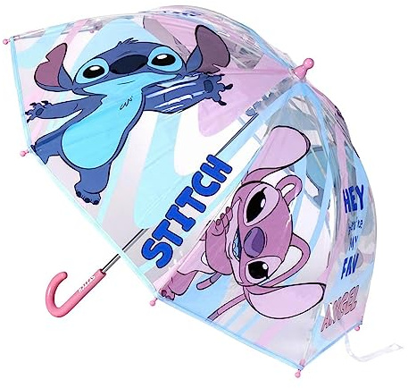 Disney Stitch Regenschirm, Stockschirm, Kuppelschirm, Bubble Schirm für Kinder und Erwachsene, manuell, 71 oder 89 cm Durchmesser, durchsichtig, Fiberglas, Lilo und Stitch (Rosa, 71 cm Durchmesser)