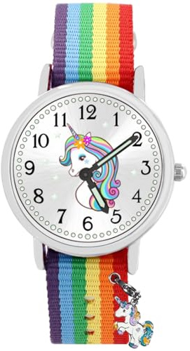 Brecjon Geschenk Set Einhorn Armbanduhr Mädchen wasserdicht Bettelarmband 4 emaillierte Anhänger Unicorn Sammelbox Nylon Armband