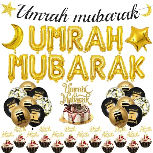 Umrah Mubarak Decorations Set Gold - 33 Pcs Umrah Mubarak Letter Balloons Banner Star Printed Confetti Balloon Cupcake Cake Toppers For Ramadan Muslim Eid Umrah Mubarak Decorations Party Supplies