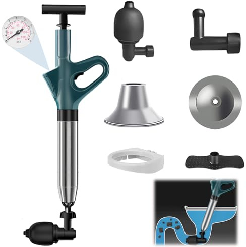 Toilet Unblocker Heavy Duty Plunger, High Pressure Plunger Kit with 4 Replaceable Heads and Inflatable Footbed, Plunger Sink Unblocker for Unblocking Toilets,Bathtub,Sink,Floor Drain (Green)