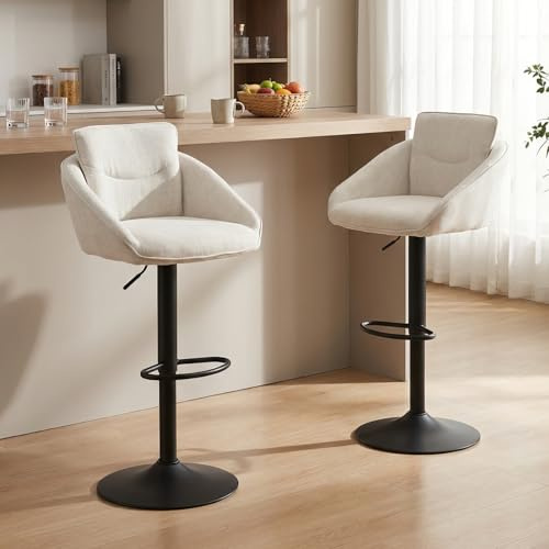 Ya-Home Barhocker 2er Set Barstuhl aus Leinen Bistrohocker Höhenverstellbar Tresenhocker mit Rückenlehne gepolsterte Thekenhocker mit Fußstütze für Küche/Wohnzimmer, Beige