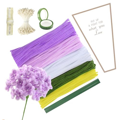 Xmart 400 stück Pfeifenputzer zum Basteln Pipe Cleaner Flower Set Pfeifenreiniger Lila Pfeiffenreiniger mit Blumendraht Geschenkpapier Geschenkband Blumen Staubblätter Klebeband für DIY Dekorieren
