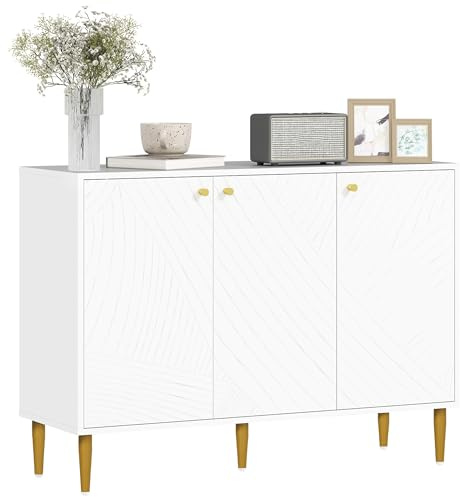 HOMCOM Buffet Meuble de Rangement, 3 Portes à Lignes Sculptées Blanc