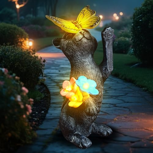 lifemet Garden Ornaments Outdoor Cat Statues - Birthday Gifts for Mum Waterproof Solar Cat Figurine with Butterfly and Flower Lights for Patio, Balcony, Yard, Lawn Unique Gift for Women/Men/Mum