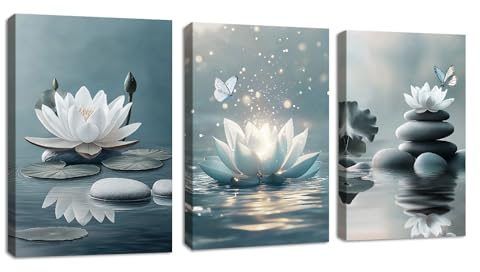3 st blå grå zen kanvas väggkonst, vita lotusblommor fjärilsmeditation andliga väggmålningar vit lotus blommande på stenar i sjö väggbilder rum dekor för yoga spa-rum dekor 40 x 60 cm x 3