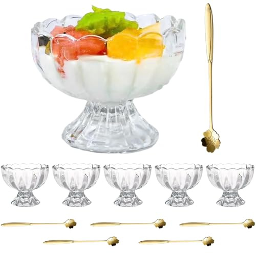 Pastoralist Ice Cream Bowls with Spoons 6 Set Scalloped Transparent Glass Ice Cream Cups for Dessert, Fruit, Salad, Snack & More, Bowls, Bar