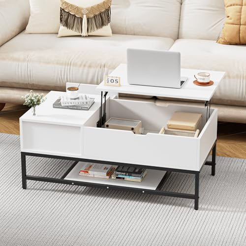 FiveWillowise mesa de centro regulable en altura, salón, café, auxiliar con estante, almacenamiento, retráctil con compartimento abierto, color blanco