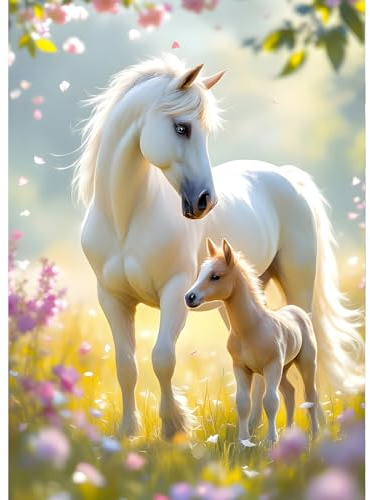 QINRUBB DIY Weiße Pferde Diamant Painting Bilder Anfänger, 5D Mama und Baby Diamond Painting Erwachsene, Runder Vollbohrer Traumland Diamant Kunst Kits Kreuzstich Home Wand Dekor 30x40 cm