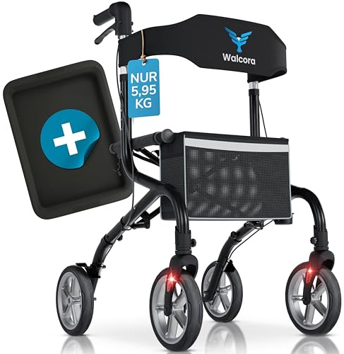 SuperLight Rollator – ultraleicht (5,95 kg) – Faltbar und leicht mit Sitz – ideal für Alltag & Reise – Gehhilfe für Senioren – Klappbar, Stockhalter, Walker, Rollatoren – Schwarz