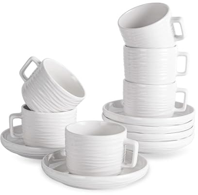 CHILDIKE Cappuccino Cups with Saucers, 8 OZ White Ceramic Coffee Cups Set of 6, Good for Latte, Americano and Tea, Microwave and Dishwasher Safe, Ribbed Texture