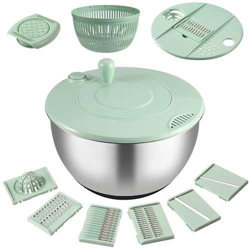 Essoreuse à salade en acier inoxydable de 5,2 litres avec trancheuse à 5 lames, grand bol de lavage pour légumes, fruits avec passoire, filtre à jaune d'œuf pour une préparation efficace de la salade
