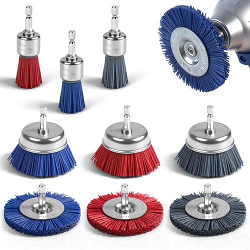 9 Stück Nylon-Scheibenbürste, Nylonbürste mit 1/4 Zoll Sechskantschaft, Nylondraht-Topfbürste für Bohrmaschine & Akkuschrauber für Reinigung und Entgraten auf Metall Holz Stein, 3 Härtegrade