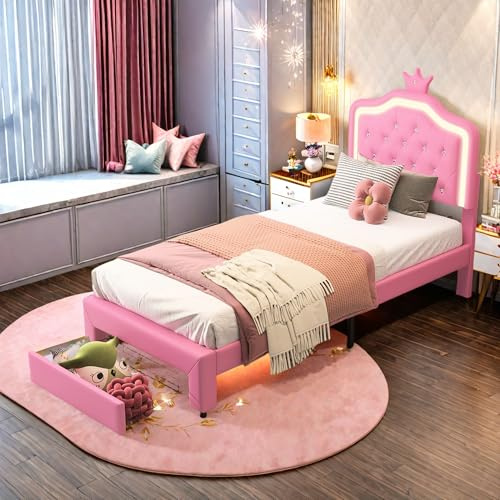SHAODENG Bett 90x200 Einzelbetten Bettgestell mit Lattenrost & verstellbares Kopfteil, Mädchenbett Jugendbett mit LED Prinzessin Krone & Schubladen, Rosa PU Polsterbett, ohne Matratze