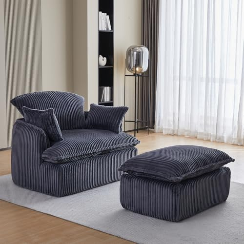 HMHKHN Einzelsofa mit Fußstütze, Boneless Couch aus Cord Ohne Montage, Relaxsessel mit Komfortabler Polsterung, Armlehnensessel Lesesessel, Geeignet für Schlafzimmer, Wohnzimmer(Grau)