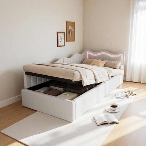 Polsterbett Kinderbett 90x200, Jugendbett mit LED Beleuchtung und Stauraum, Schlafsofa Einzelbett Daybett mit Bettkasten, Tagesbett Gästebett mit Lattenrost, Samt, Ohne Matratze (Blanc, 90x200 cm)