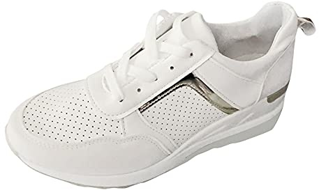Sneaker dam läder eleganta, sneakers dam kilklack platå sportskor andas promenadskor, slitstarka fritidsskor, mjuka bekväma sommarskor, trendiga vandringsskor, lätta utomhusskor, Vit, 38 EU