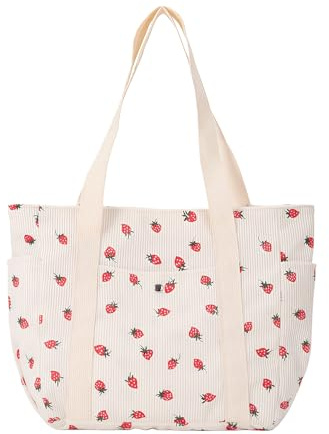 YEJAHY Borsa Tote In Velluto A Coste Per Donna, Borsa Tote Alla Fragola Carina Con Cerniera, Borsa Grande Per La Spesa, Borsa In Tela Per La Vita Quotidiana, Borsa A Tracolla Alla Moda